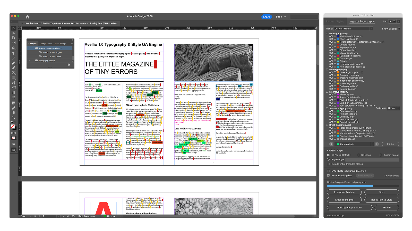 UI-01 — Avellio running beside the active InDesign document during a Typography inspection