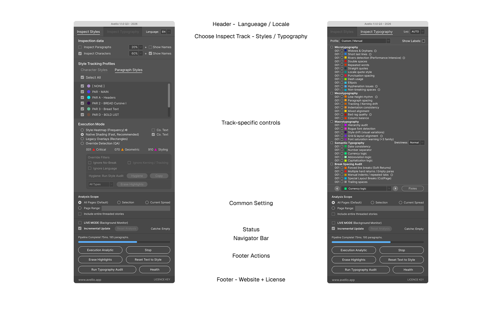 UI-02 — Actual palette anatomy: track selector, track-specific controls, shared settings, status, navigator, and footer actions