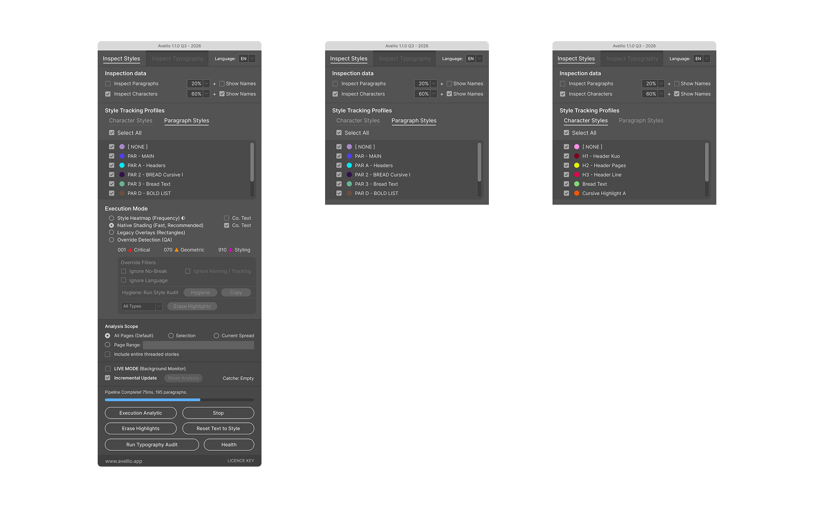UI-04 — Inspect Styles with the full control set, Paragraph Styles list, and Character Styles list