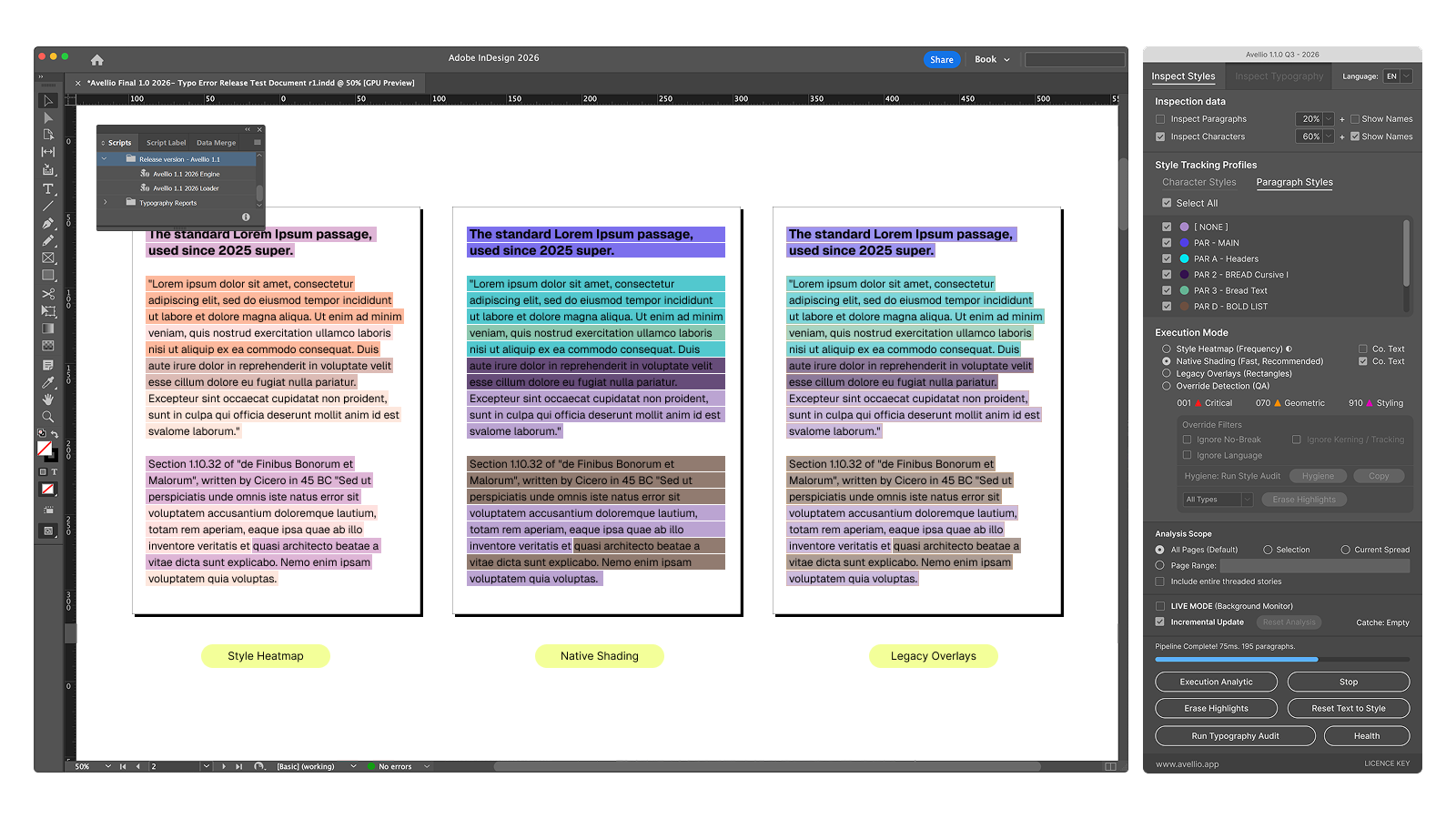 UI-05 — Style Heatmap, Native Shading, and Legacy Overlays compared in the same InDesign layout