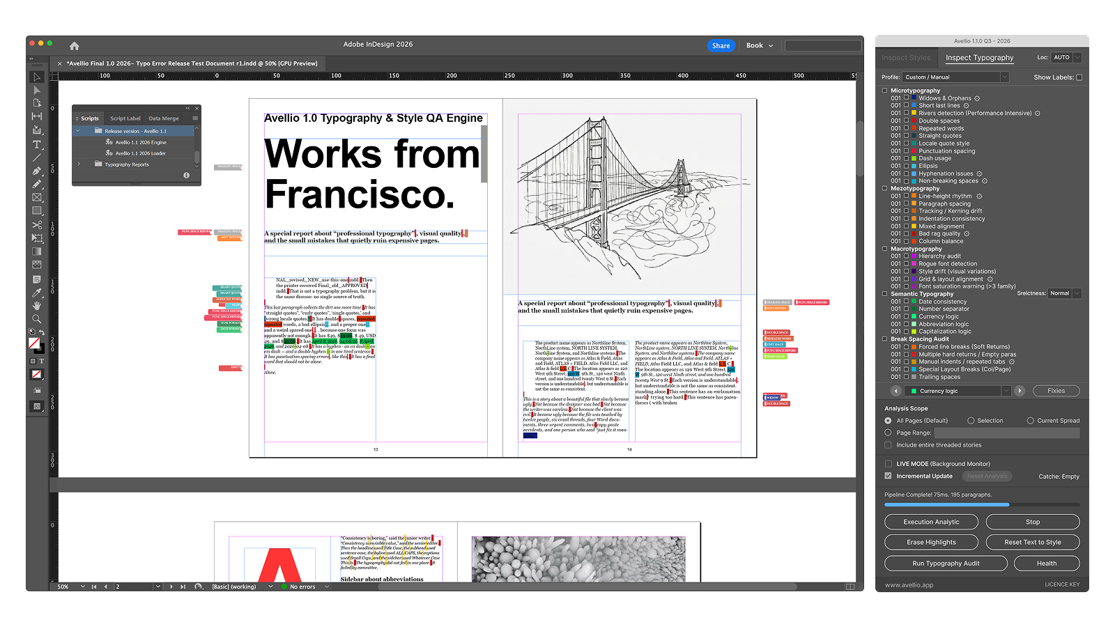 UI-09 — Typography diagnostics in the InDesign layout, with issue families and counts visible in the panel