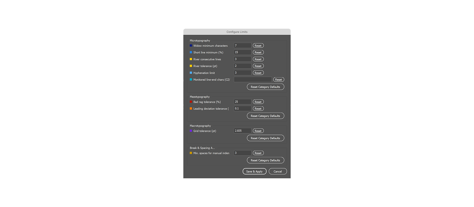 UI-10 — Configure Limits dialog for Micro, Mezo, Macro, and Break Audit thresholds
