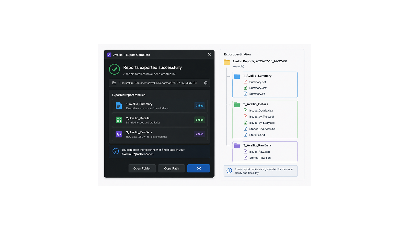 UI-16 — Export completion and the Summary, Details, and Raw Data report families