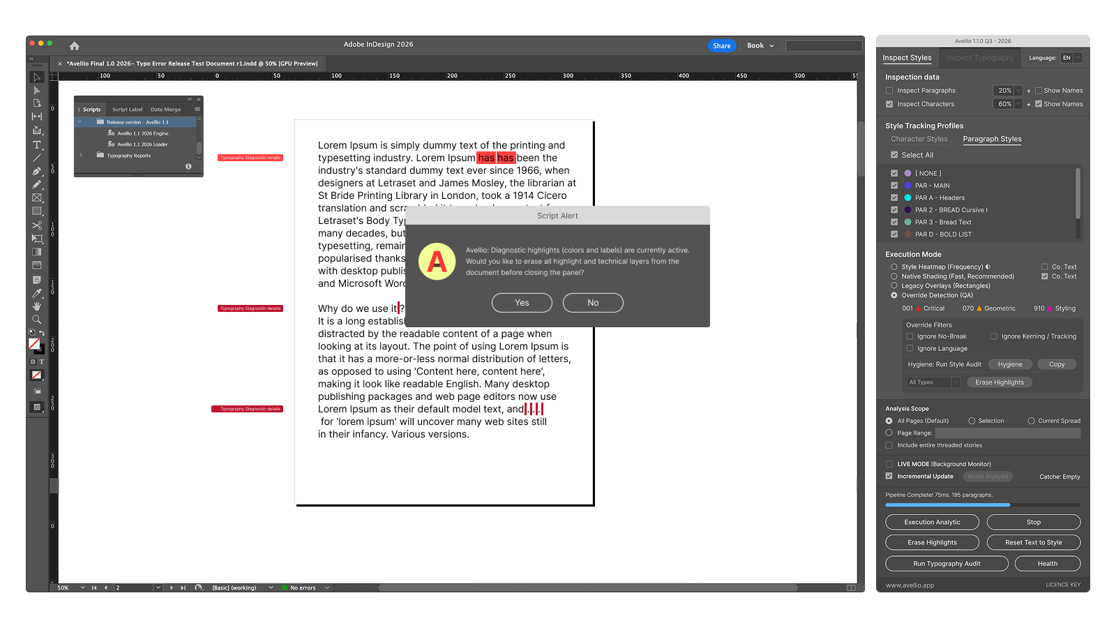 UI-17 — When closing Avellio, choose whether to erase diagnostic highlights and technical layers